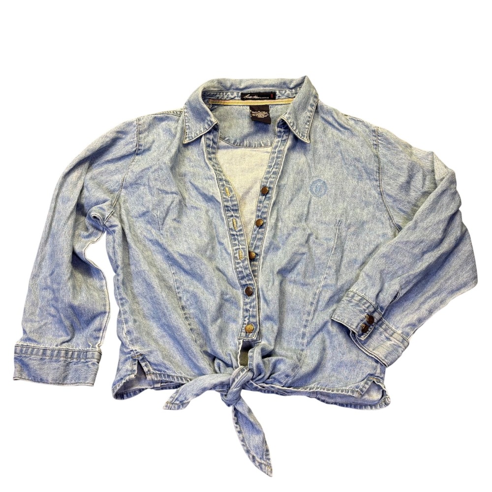 Vintage Bill‎ Blass Light Wash Denim Tie Front Button Up Shirt Women's Medium